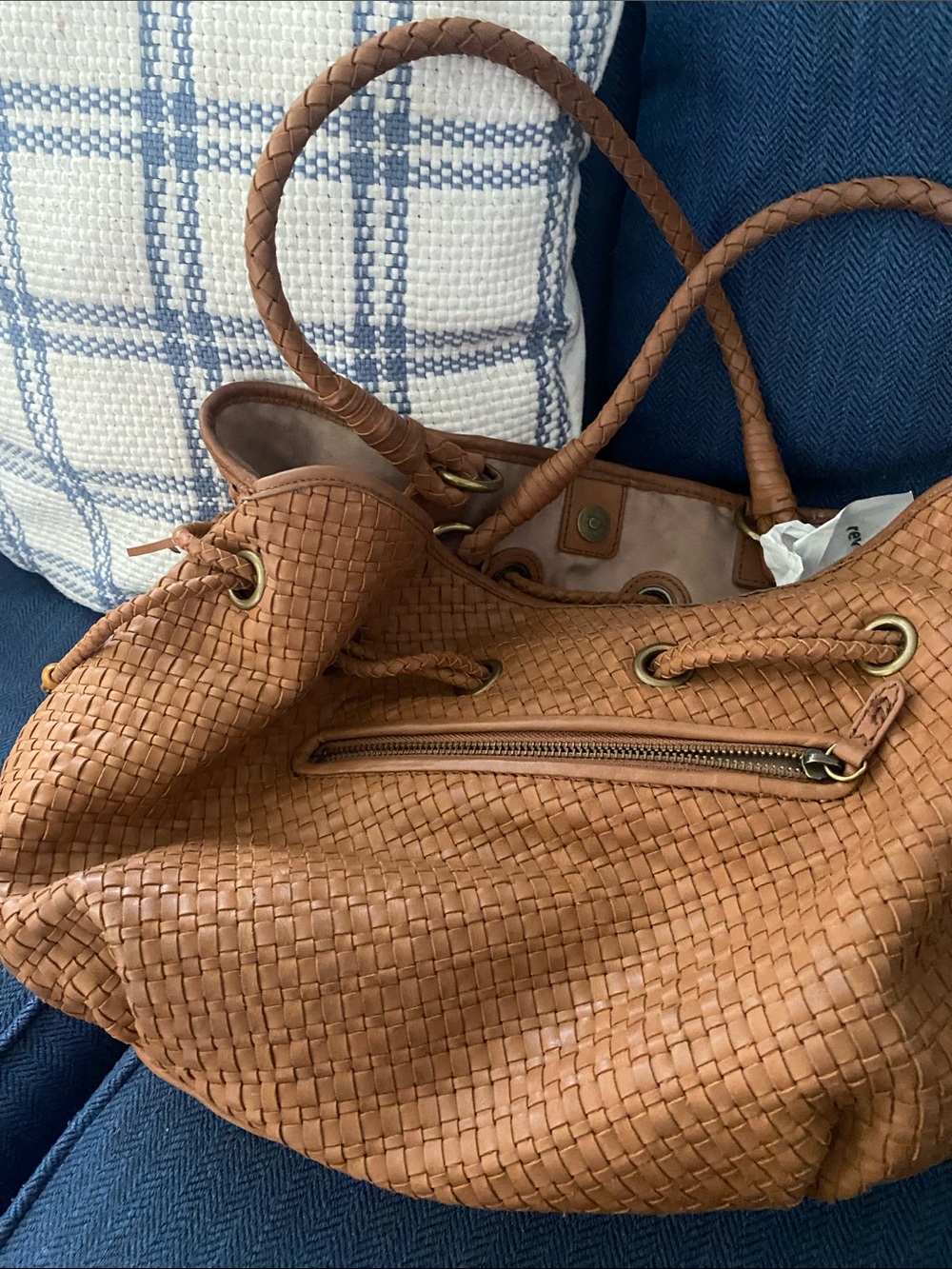 Woven Drawstring Shoulder Bag in Cognac Tan